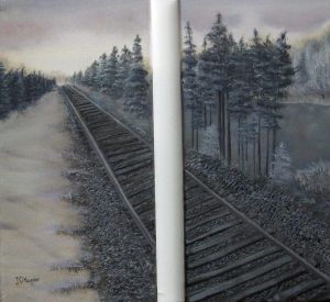 A set of two original 2014 oil paintings of a railroad track in the woods in winter.