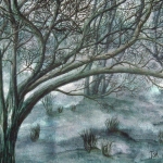 Original 2007 watercolor painting of a bare tree in the autumn done in greens.