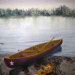 Original 2012 oil painting of a red canoe on the sandy shore of a lake with old orange life jackets strewn on the beach.