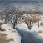 Original 2014 oil painting of a river and bare trees in the snow.