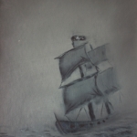 Original 2013 oil painting of a pirate ship coming out of the fog over the ocean.