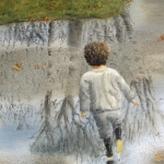 Original 2014 oil painting of a young boy running through rain puddles in the driveway.