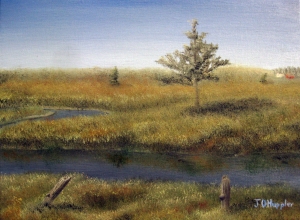 Original 2013 oil painting of a river on the prairie with old fence poles, a few trees, and a distant farm.