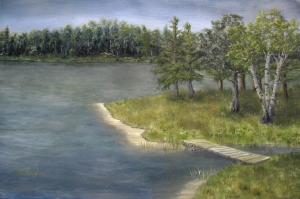 Original 2013 oil painting of a point near a lake in the woods in summer.