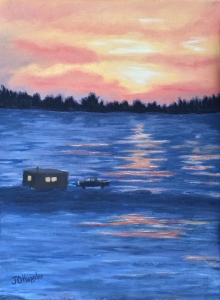 Original 2015 oil painting of the sunset across a frozen lake; an ice fishing house and a pickup truck with a plow on the front are in the middle-ground.