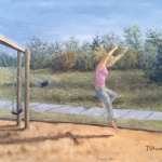 Original 2015 oil painting of a girl jumping from a swing on a playground on a summer evening.