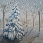 Original 2015 oil painting of a spruce tree with heavy, wet, late winter/ early spring snow weighing down its branches.