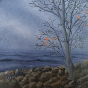 Original 2015 oil painting of a nearly bare maple tree near the rocky shore of a large lake in late autumn.