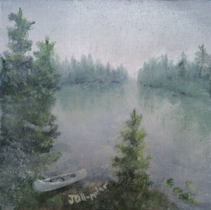 Original 2015 oil painting of a canoe on the shore of a small lake on a misty summer morning.