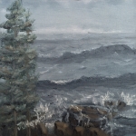Original 2015 oil painting of trees and waves near the north shore of Lake Superior on a cold, windy, wavy, afternoon.