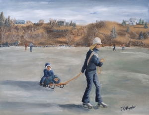 137. Sunday Afternoon Ice Skating at Lake Kempeska 26”x20” Oil on Stretched canvas Original 2015 oil painting of a young woman ice skating and pulling two young boys on a sled on a midwest lake on a sunny afternoon.