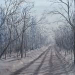 Snowy Road at Dawn is an 18”x24” original oil on canvas of a rural road through the woods on an overcast winter morning