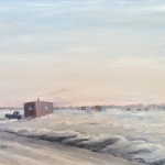 Ice Houses on Mille Lacs is a 9”x12” original oil on canvas of ice houses and pickup trucks on a large frozen lake in late afternoon.