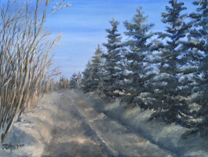Spruce Trees Along a Snowy Road is a 9”x12” original oil on canvas of a tree lined rural road in winter.