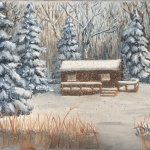 Log Cabin in a Winter Woods 9”x12” original oil painting on canvas of a log cabin nestled in the woods on a snowy evening.