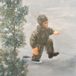 Walking in Deep Snow is a 12”x9” original oil on canvas of a child walking through knee deep snow.