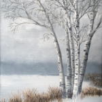 Snow Coming into the South Shore is a 12”x9” original oil on canvas of a group of birch trees near the south shore of Lake Superior with a snowstorm moving in across the lake.