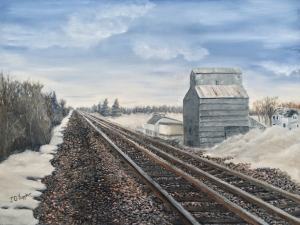 Railroad Going North is an 18”x24” original oil on canvas painting of railroad tracks running by the elevator of a small central Minnesota town in the winter.