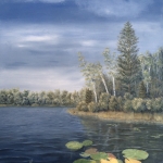 Little Lake In the Woods is a 28”x22” original oil painting on canvas of lily pads near the shore of a small woodland lake.