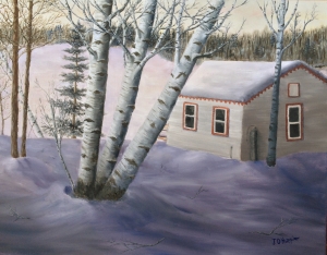 White Cabin at Rest is a 22”x28” original oil on canvas of a white summer cabin on a small frozen woodland lake covered with snow in an early winter evening.