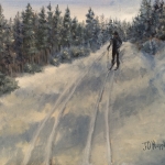 Cross Country Skiing is a 9”x12” original oil on canvas of a cross country skier in the late afternoon on trails in the SD Black Hills.