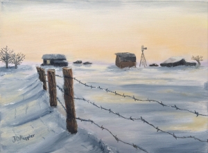 Winter Prairie is a 9”x12” original oil on canvas of an old barbwire fence in the snow at sunset with a quiet farm in the distance.