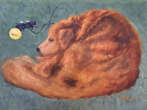 Waiting for the School Bus is a 9”x12” original oil painting on canvas of a golden retriever lying on the floor near a video game controller and a tennis ball.