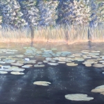 Lily Pads Near Shore is a 20”x30” original oil painting on canvas of lily pads growing near the shore of a small woodland lake.