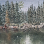 Rocks Along the Lake Shore is a 12”x18” original oil painting on canvas of a lake shore lake in the boundary waters wilderness area with fir, spruce, and birch trees and rocks reflected in the water.