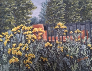 Walking Path in Duluth is an 8”x10” original oil painting on canvas of yellow flowers near a walking path’s bridge over a river in Duluth, MN.
