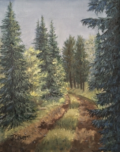 Fir Trees Along Kenny’s Road is an 10”x8” original oil painting on canvas of fir trees growing along a rural road through the woods of northern Minnesota.
