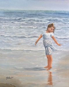 Princess Katie 20”x16” original oil painting on canvas of a little girl dancing in the wind on an ocean beach