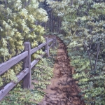 State Park Walking Trail is a 20”x16” original oil painting on canvas of a split rail fence along a path through the woods.
