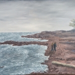 North Shore Beach is a 16”x20” original oil painting on canvas of a couple walking along a beach on the north shore of Lake Superior.