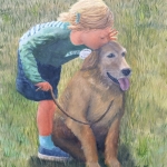 Sharing Secrets is a 20”x16” original oil painting on canvas of a little girl whispering to a golden retriever pet.