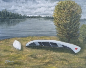 Two Canoes is a 16”x20” original oil painting on canvas of two canoes pulled up on shore after a rainstorm.