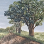 Country Road 16”x20” original oil painting on canvas of big, mature, cottonwood trees along a gravel road on the prairie.