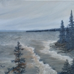 Lake Superior North Shore is a 16”x20” original oil painting on canvas of small waves rolling into a wooded shore along the north shore of Lake Superior.