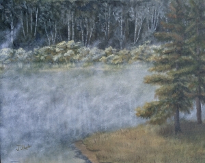 Morning Mist Over the Lake is a 16”x20” original oil painting on canvas of mist rising off a small woodland lake near dawn on a summer morning.