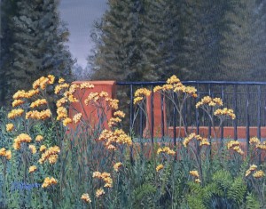 Walking Path at Duluth 2 16” x 20” original oil painting on canvas of yellow flowers near a walking path’s bridge over a river in Duluth MN.