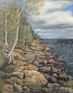 North Shore Lake Superior is a 10”x8” original oil painting on canvas of rocks and trees along the north shore of Lake Superior.