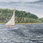 Learning to Sail is a 16inch by 20 inch original oil painting on canvas of a small sail boat on a small lake.