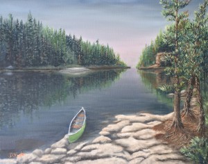 Morning Canoe is a 16 inch by 20 inch original oil painting on canvas of a canoe pulled up to the rocky shore of a woodland lake just after dawn.