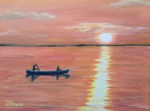 Canoeing at Sunset is a 9 inch by 12 inch original oil painting on canvas of two people canoeing on a calm, large lake at sunset.