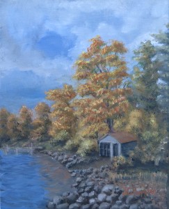 Boat House (End of Season) is a 10 inch by 8 inch original oil painting on canvas of an old boathouse among the fall foliage near a lake shore.