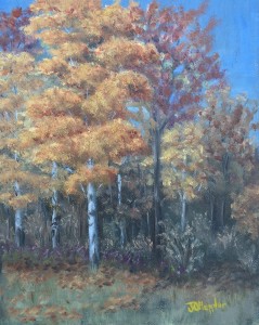 Autumn Woods 3 is a 10 inch by 8 inch original oil painting on canvas of brilliant foliage in an autumn woods featuring the golden foliage of a birch tree.