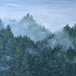Mountain Mist is an 8 inch by 10 inch original oil painting on canvas of forested mountain foothills in the morning mist.