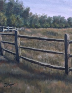 Split Rail Fence is a 10 inch by 8 inch original oil painting on canvas of a split rail fence around a woodland meadow.