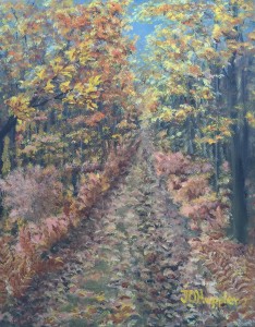 Autumn Foliage is a 10 inch by 8 inch original oil painting on canvas of vibrant autumn foliage along rural forest road.