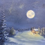 Moonlight on Snow is a 10 inch by 8 inch original oil painting on canvas of the full moon shining on a snow scene of small house in the woods.